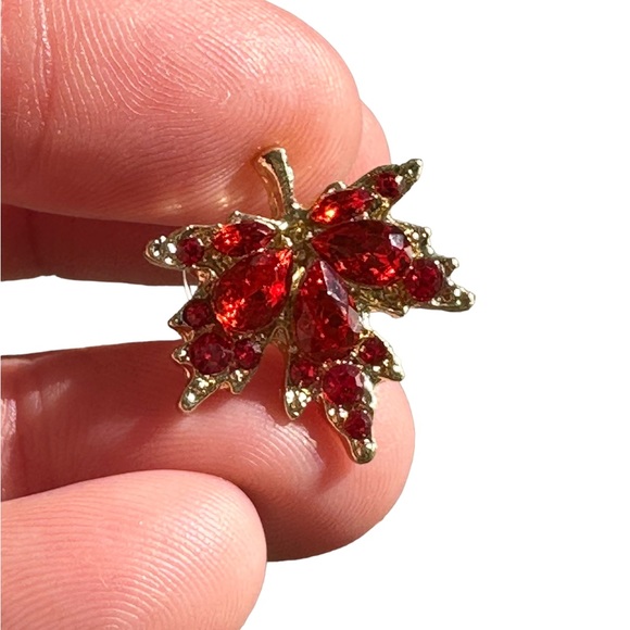 24K Gold Plated Maple Leaf Design Stud Earrings with Red Zircon Accents - Picture 7 of 8